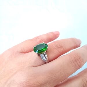 925 Sterling Silver Simulated Emerald & Diamond Ring | EUC